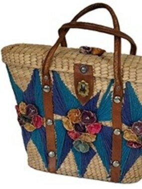 Vtg Floral Straw Summer Handbag